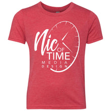 Load image into Gallery viewer, Nic of Time white logo NL6310 Youth Triblend Crew