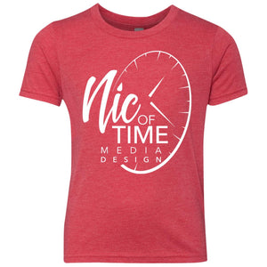 Nic of Time white logo NL6310 Youth Triblend Crew